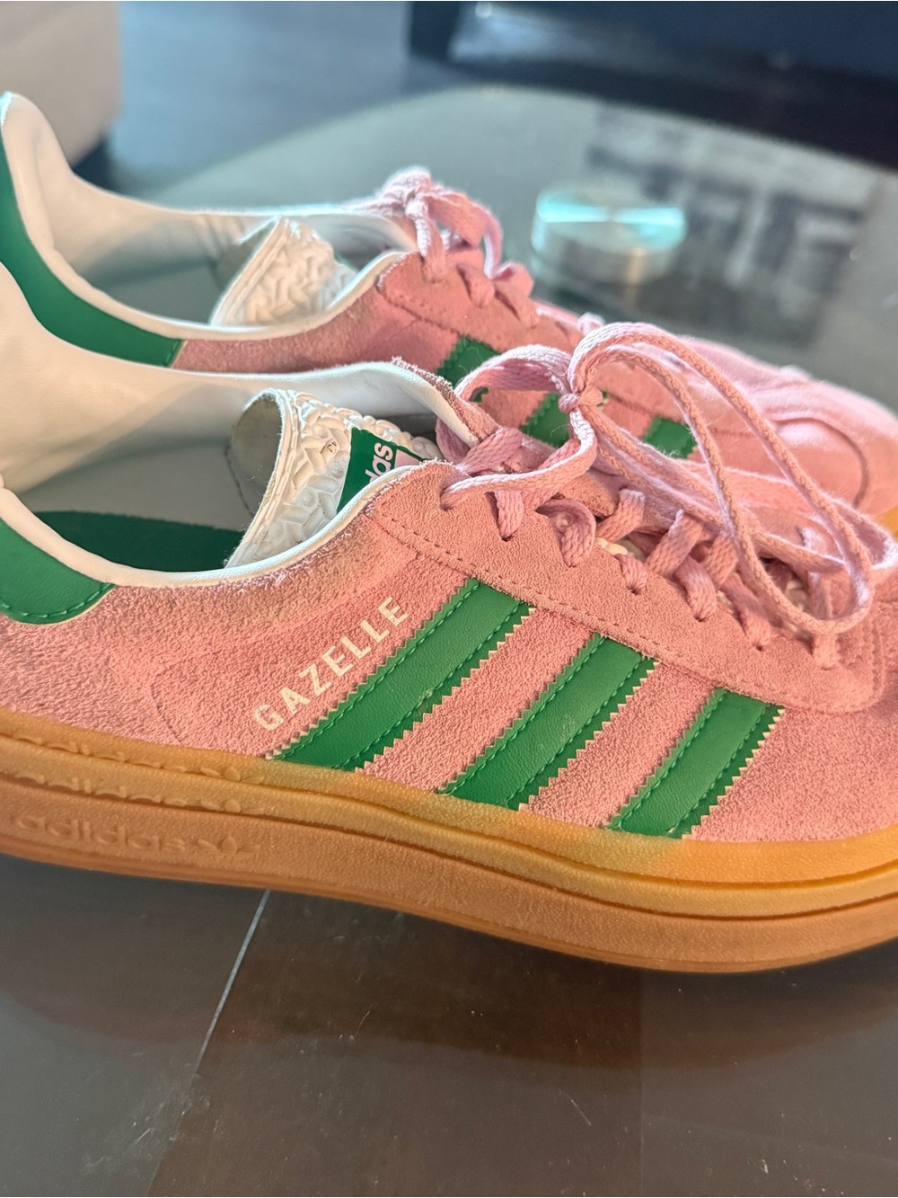 adidas Gazelle Women’s Pink Suede Sneakers with Green Stripes